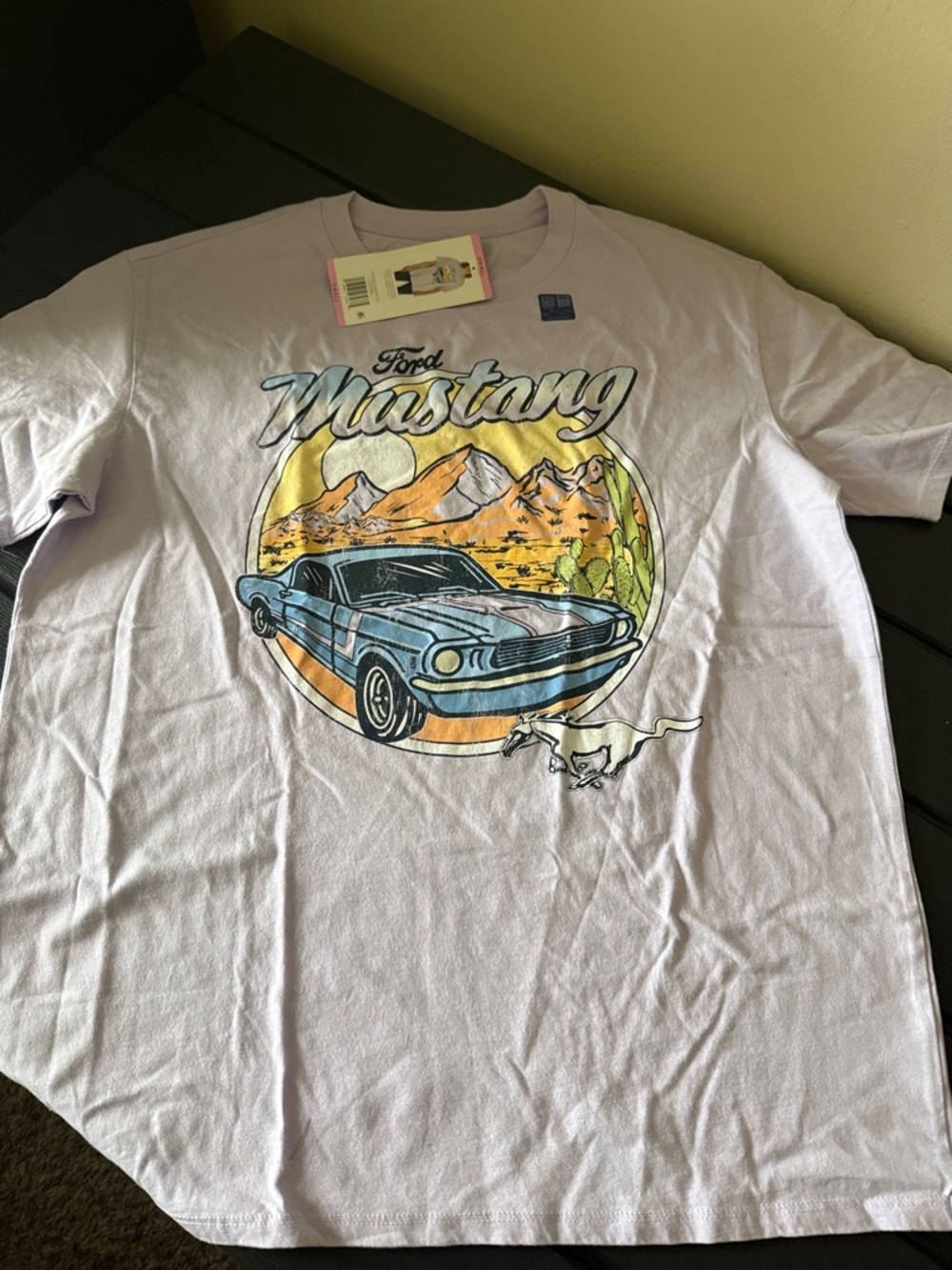 Ford Mustang Graphic Tee - Light Lavender with Blue Car Print
